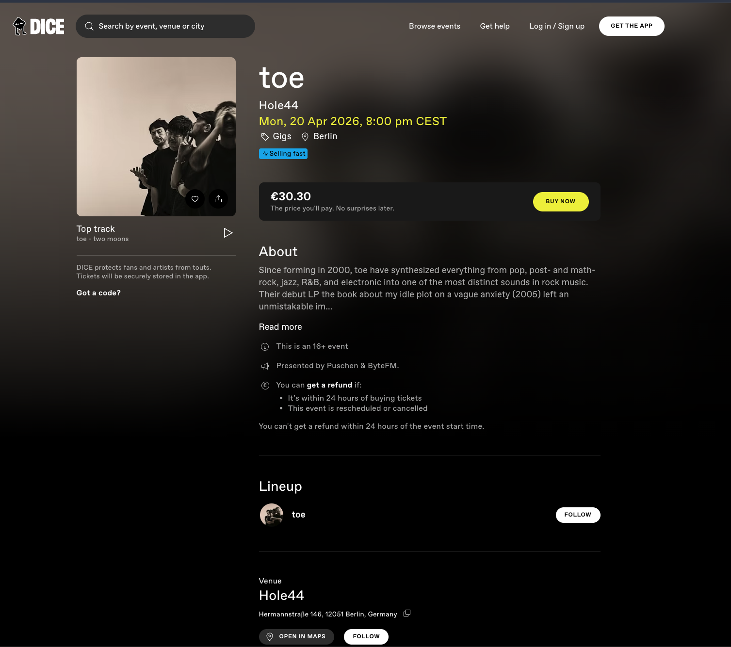 DICE 웹 데스크탑 공연 디테일 UI https://dice.fm/browse/berlin-5e426dbb749e68e3e923d1e4